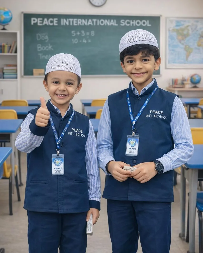 Two primary students in Peace English Medium School uniform standing in their classroom