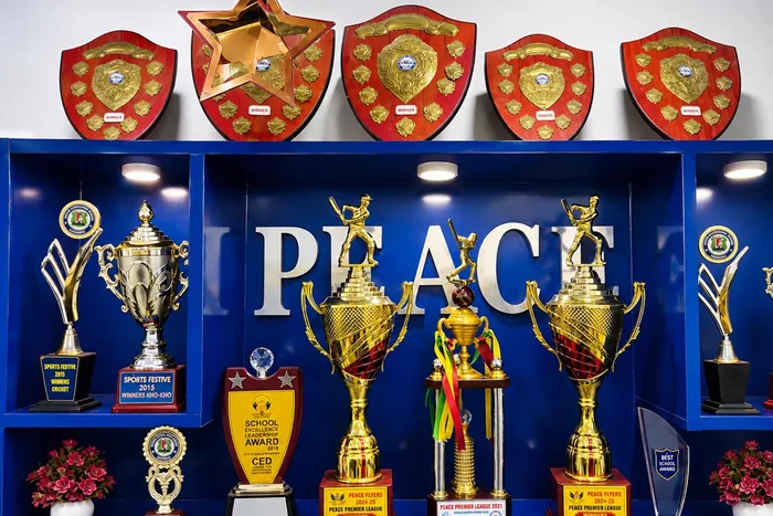 The school trophy cabinet holding shields, cups and plaques won by students