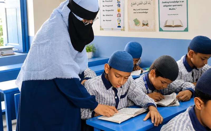 A teacher guiding students through their Arabic workbooks at their desks