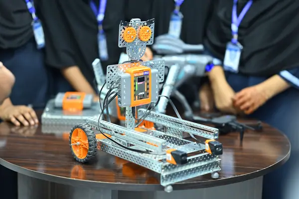 A close view of a student-built robot on the workshop table — Peace English Medium School, Kurnool