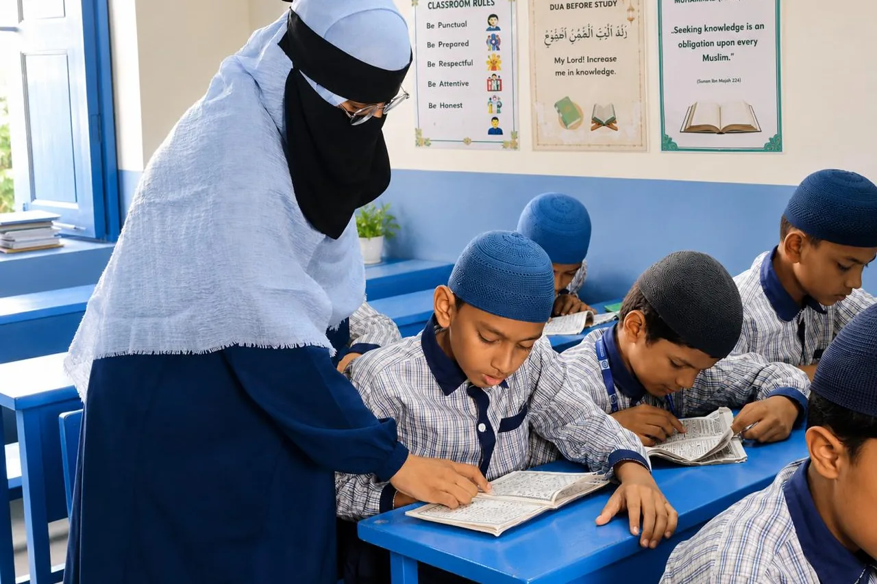 A teacher guiding primary students through their books at their desks