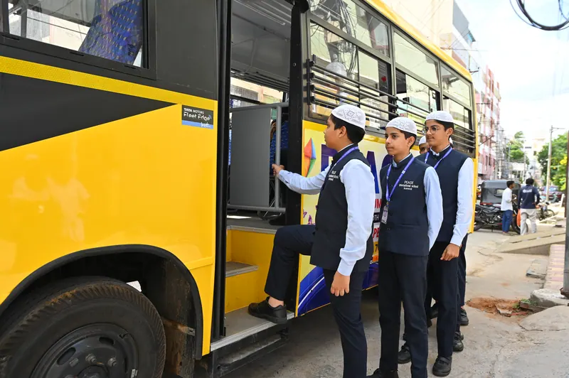 Students boarding the school bus at the end of the day