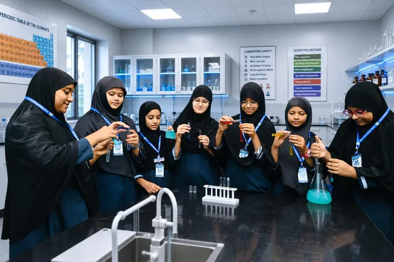 Students holding test tubes at the laboratory bench, with the periodic table and laboratory safety charts behind them