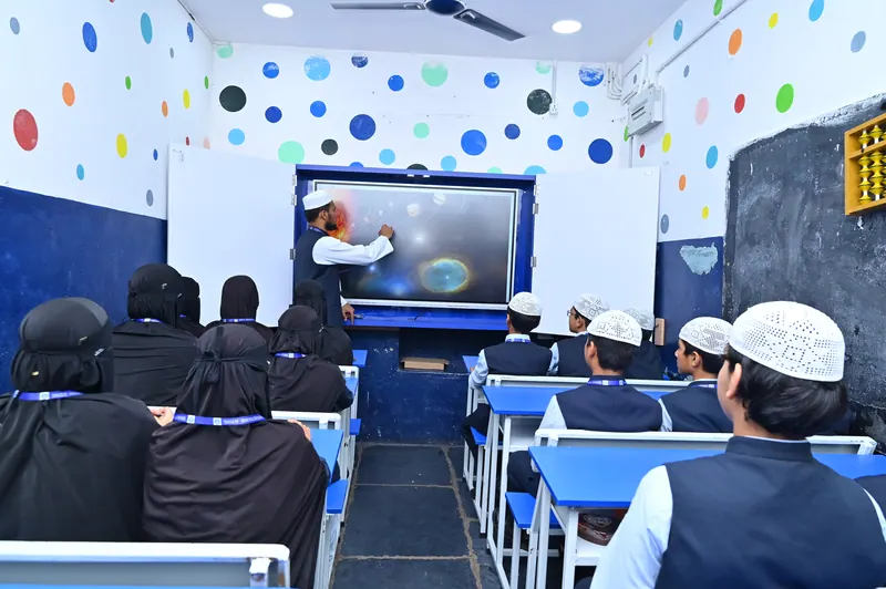 Students watching a multimedia presentation in a smart classroom