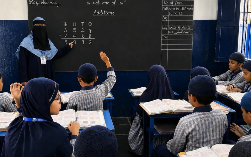 A teacher working through a column addition at the blackboard as students raise their hands